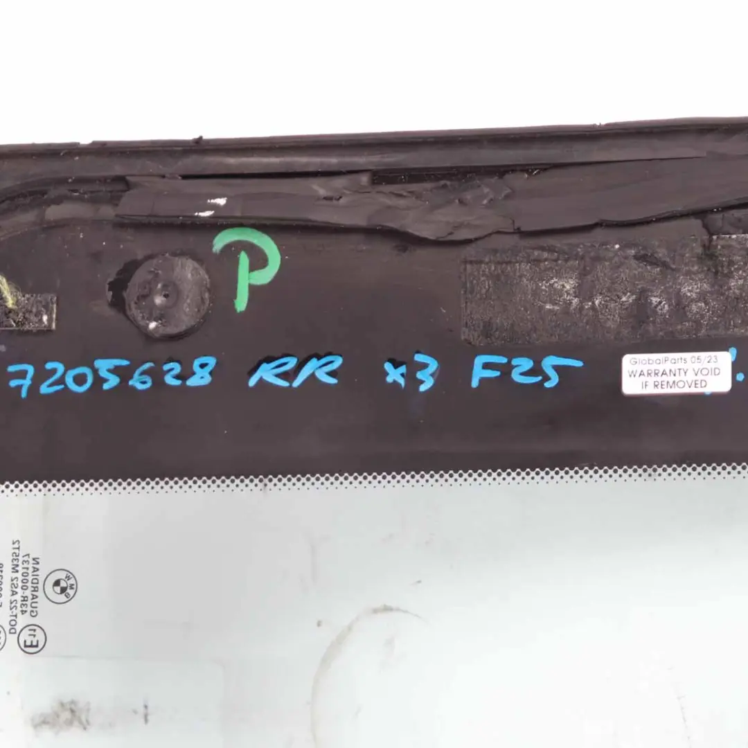 Window Glass Side Quarter Fixed Right O/S AS2 Green to BMW X3 F25 Rear with Part number 7205628 BMW X3 F25 Rear Window Glass Side Quarter Fixed Right O/S AS2 Green - SKU 7205628 - Part number 7205628