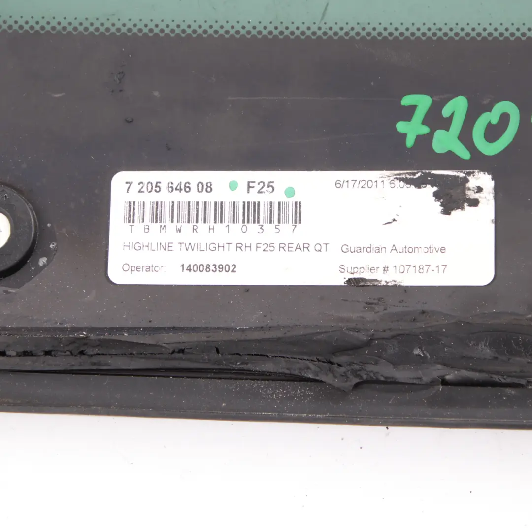 BMW X3 F25 Window Glass Side Quarter Rear Right O/S AS3 Black 7205646 - SKU 7205664-1 - Part number 7205664