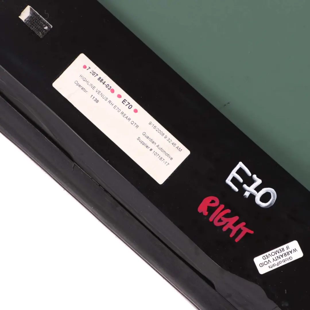 BMW E70 Ventana Lateral Negro Vidrio Junta Aluminio Trasero Derecho AS3 7207884 - SKU 7207886-1 - Número de pieza 7207886