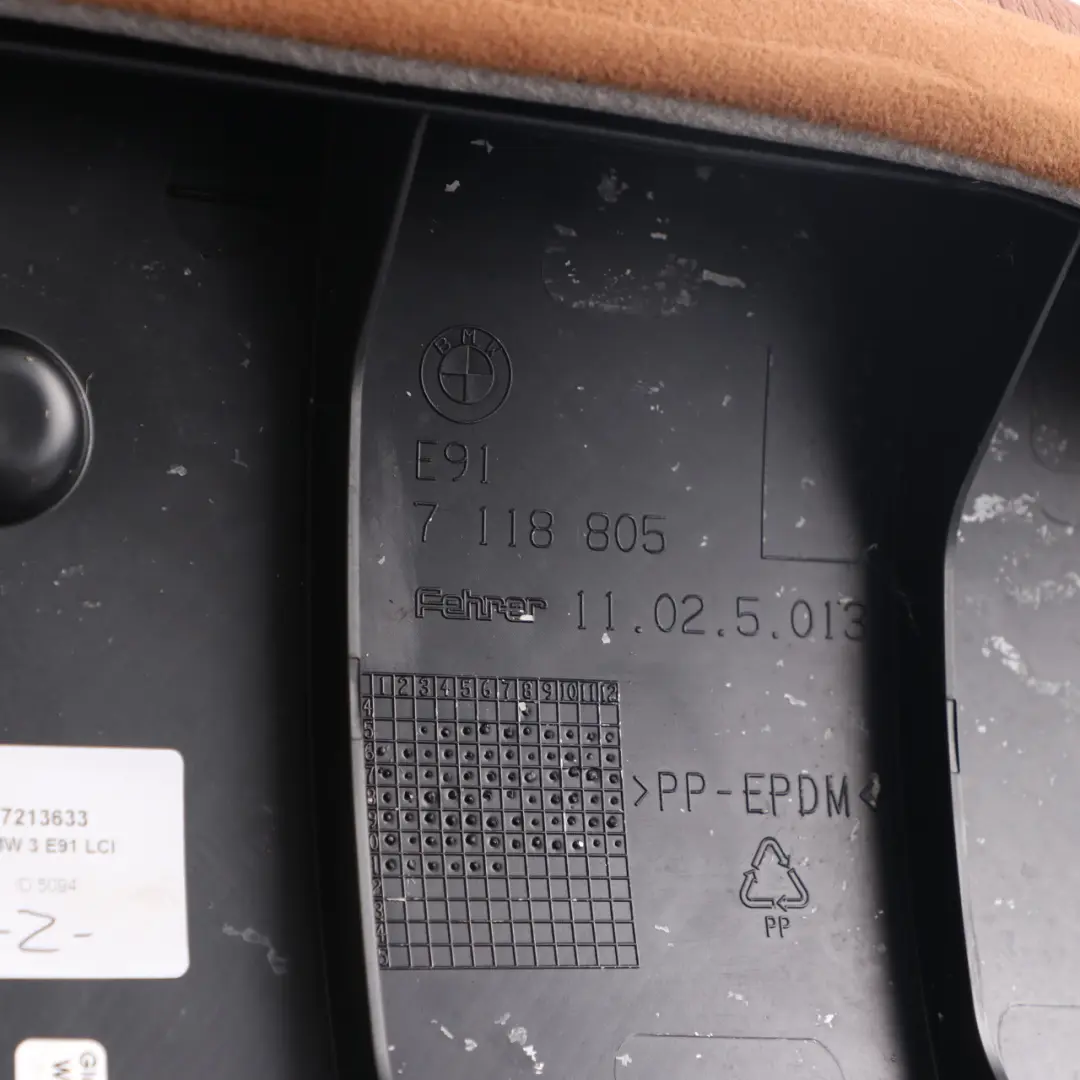 Left N/S Lateral Trim Panel Cover Leather Saddle Brown to BMW E91 LCI Rear Seat with Part number 7213633 BMW E91 LCI Rear Seat Left N/S Lateral Trim Panel Cover Leather Saddle Brown - SKU 7213633 - Part number 7213633