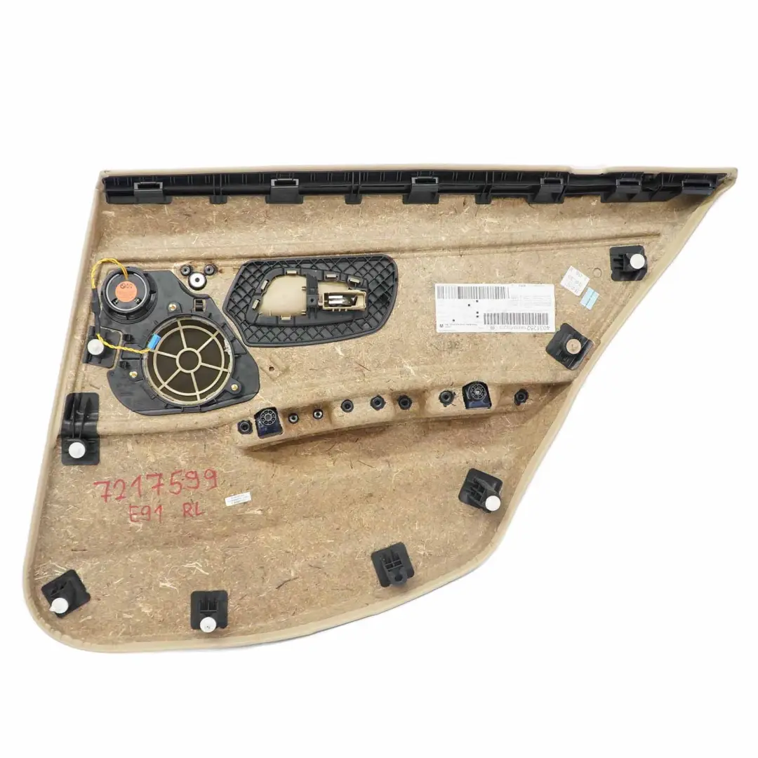 Door Card Rear Left Panel N/S Covering Trim Leather Dakota Beige to BMW E91 with Part number 7217599 BMW E91 Door Card Rear Left Panel N/S Covering Trim Leather Dakota Beige - SKU 7217599 - Part number 7217599
