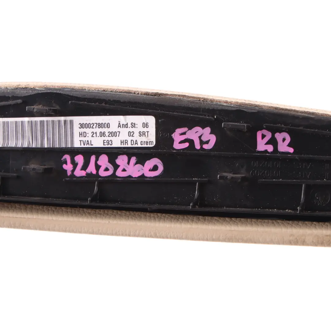 BMW E92 E93 Apoyabrazos Trasero Sección Superior Derecha Cuero Dakota Creambeige - SKU 7218860 - Número de pieza 7218860