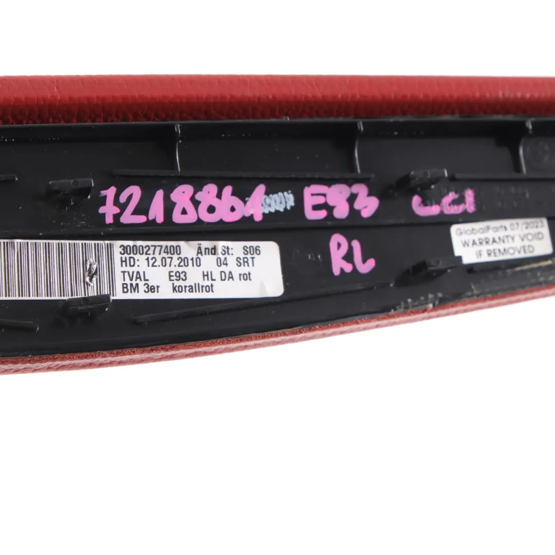 Rear Armrest BMW E92 E93 Upper Section Left N/S Panel Leather Dakota Korallrot - SKU 7218861 - Part number 7218861