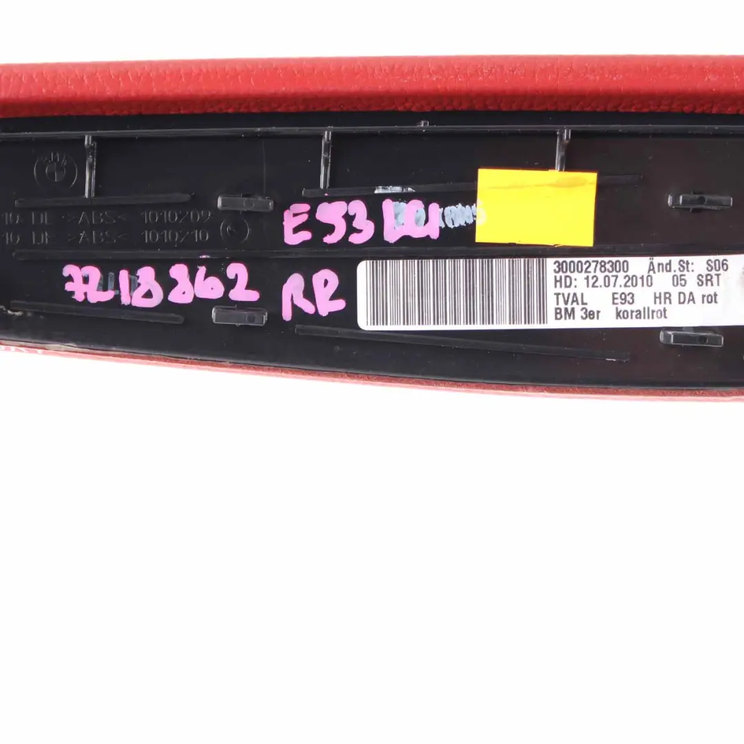 Apoyabrazo Sección Superior Trasera Derecha Cuero Coral Rojo para BMW E92 E93 con número de pieza 7218862 BMW E92 E93 Apoyabrazo Sección Superior Trasera Derecha Cuero Coral Rojo - SKU 7218862 - Número de pieza 7218862