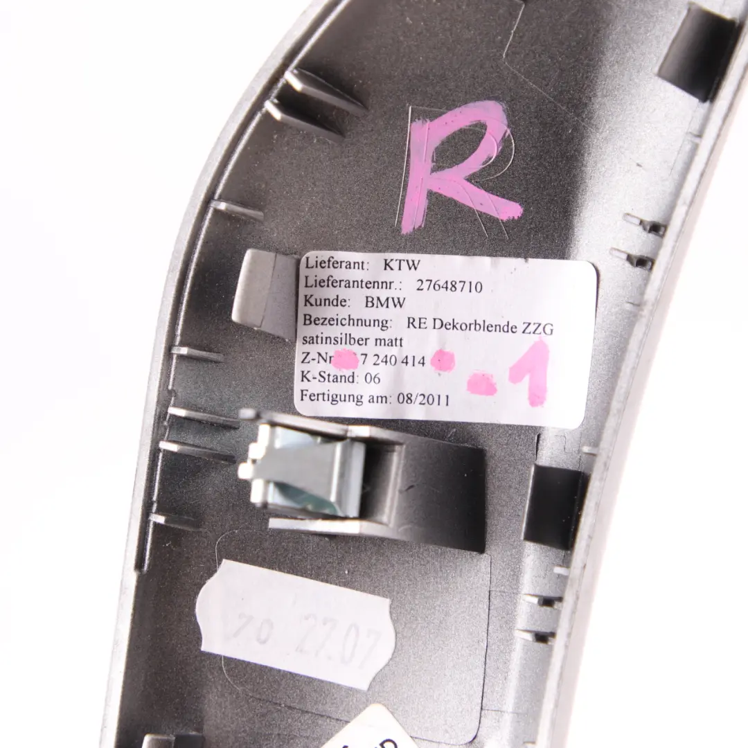 Trim Door Handle Right O/S Satinsilber Silver to BMW 1 Series 1 F20 F21 Cover with Part number 7240414 BMW 1 Series 1 F20 F21 Cover Trim Door Handle Right O/S Satinsilber Silver - SKU 7240414-1 - Part number 7240414