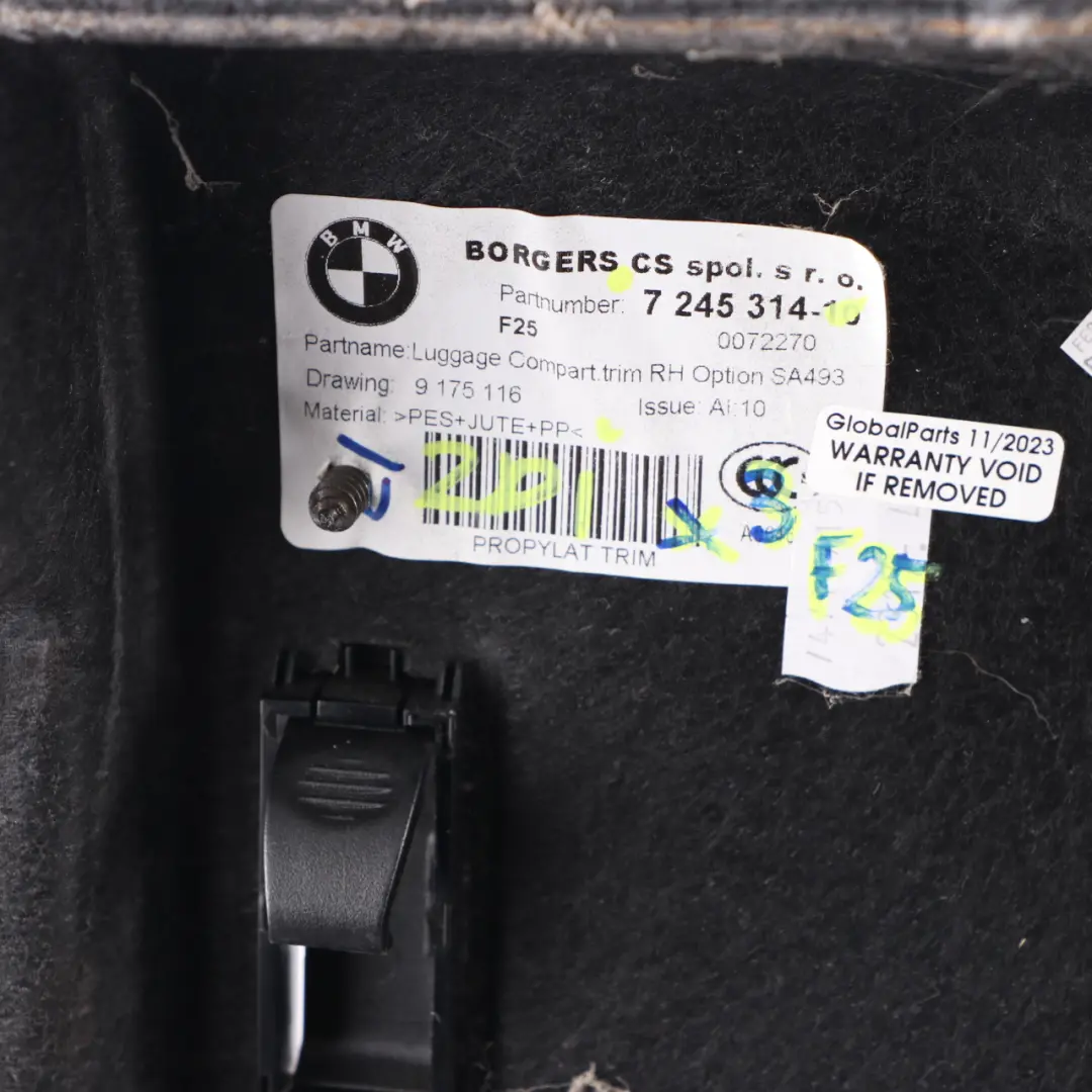 Trunk Lateral Cover Boot Luggage Trim Panel Right O/S Black to BMW X3 F25 with Part number 7245314 BMW X3 F25 Trunk Lateral Cover Boot Luggage Trim Panel Right O/S Black - SKU 7245314-1 - Part number 7245314