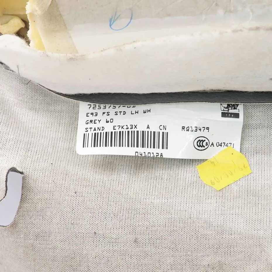 Front Left N/S Heated Seat Grey Leather Interior Backrest to BMW E93 Seat Cover with Part number 7253757 BMW E93 Seat Cover Front Left N/S Heated Seat Grey Leather Interior Backrest - SKU 7253757 - Part number 7253757