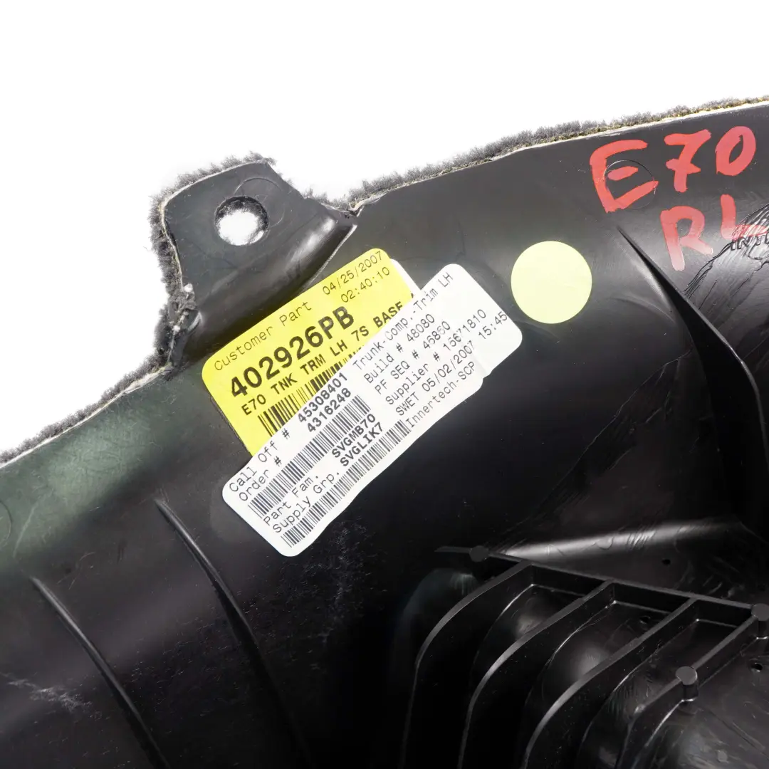 Maletero Trasero Izquierdo Tapa Compartimento Maletero Antracita para BMW X5 E70 con número de pieza 7253983 BMW X5 E70 Maletero Trasero Izquierdo Tapa Compartimento Maletero Antracita - SKU 7253983 - Número de pieza 7253983