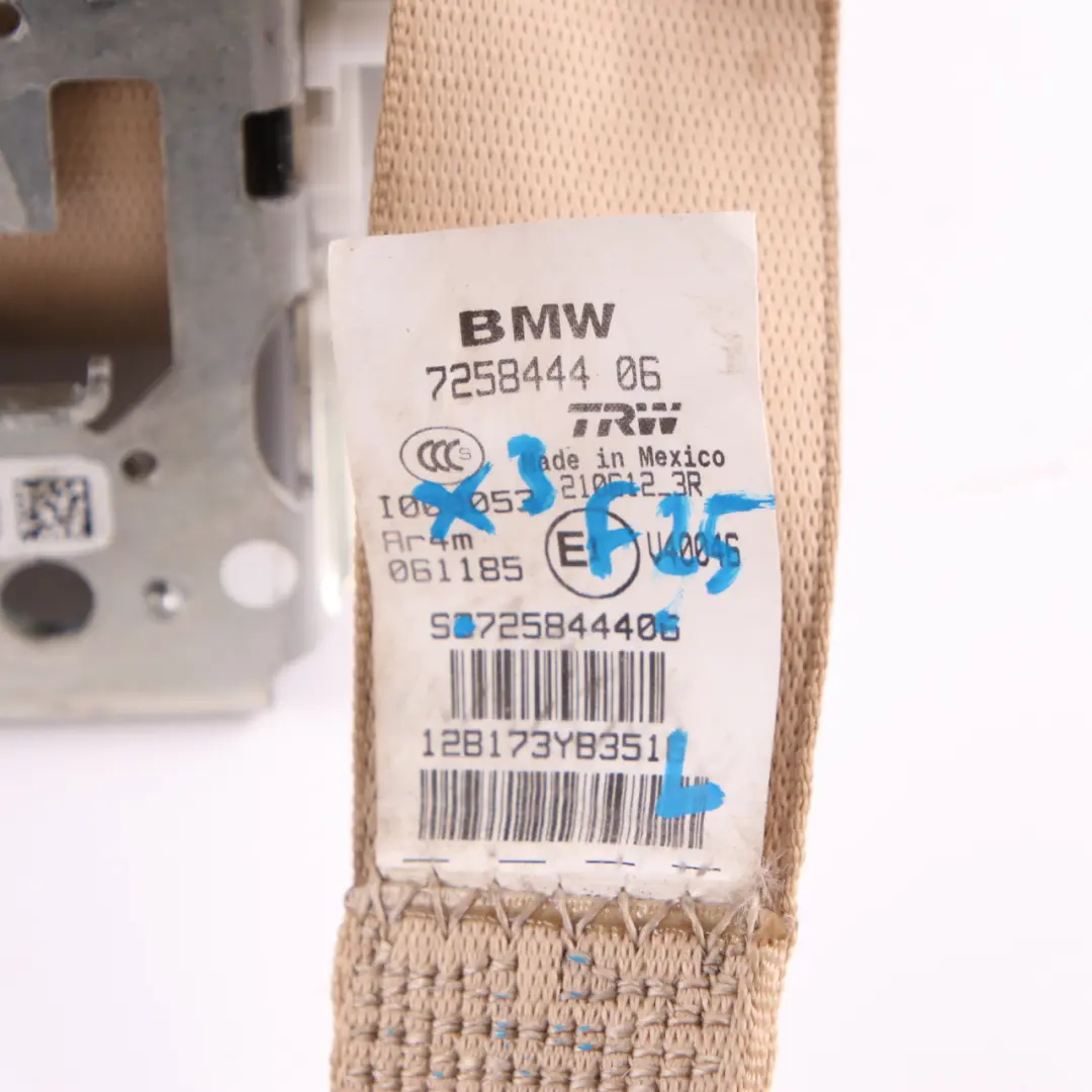 Seat Belt BMW X3 F25 X4 F26 Rear Left N/S Upper Safety Belt Beige - SKU 7258444 - Part number 7258444