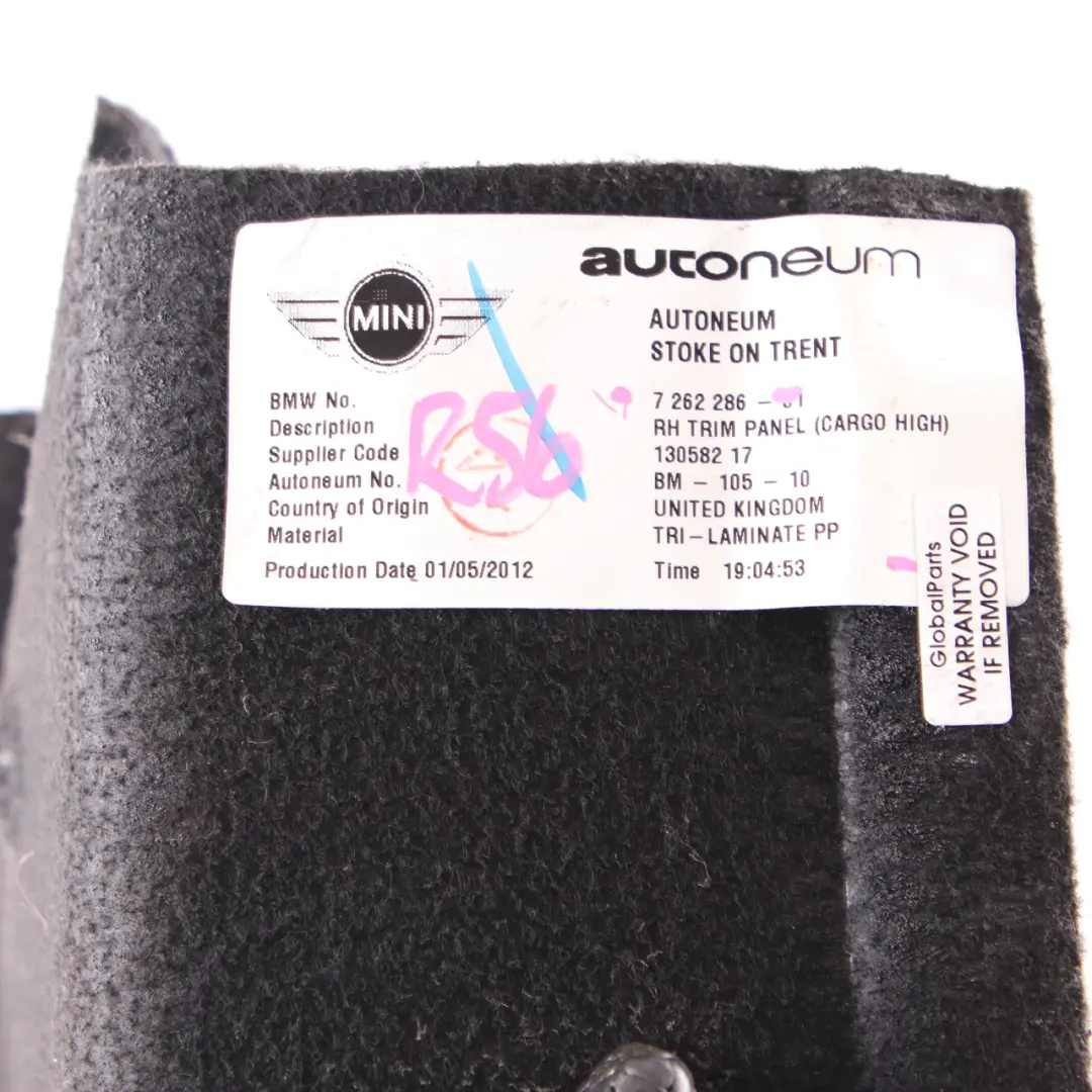 Mini R56 Trunk Trim Cover Rear Right O/S Boot Lateral Panel Covering - SKU 7262286 - Part number 7262286