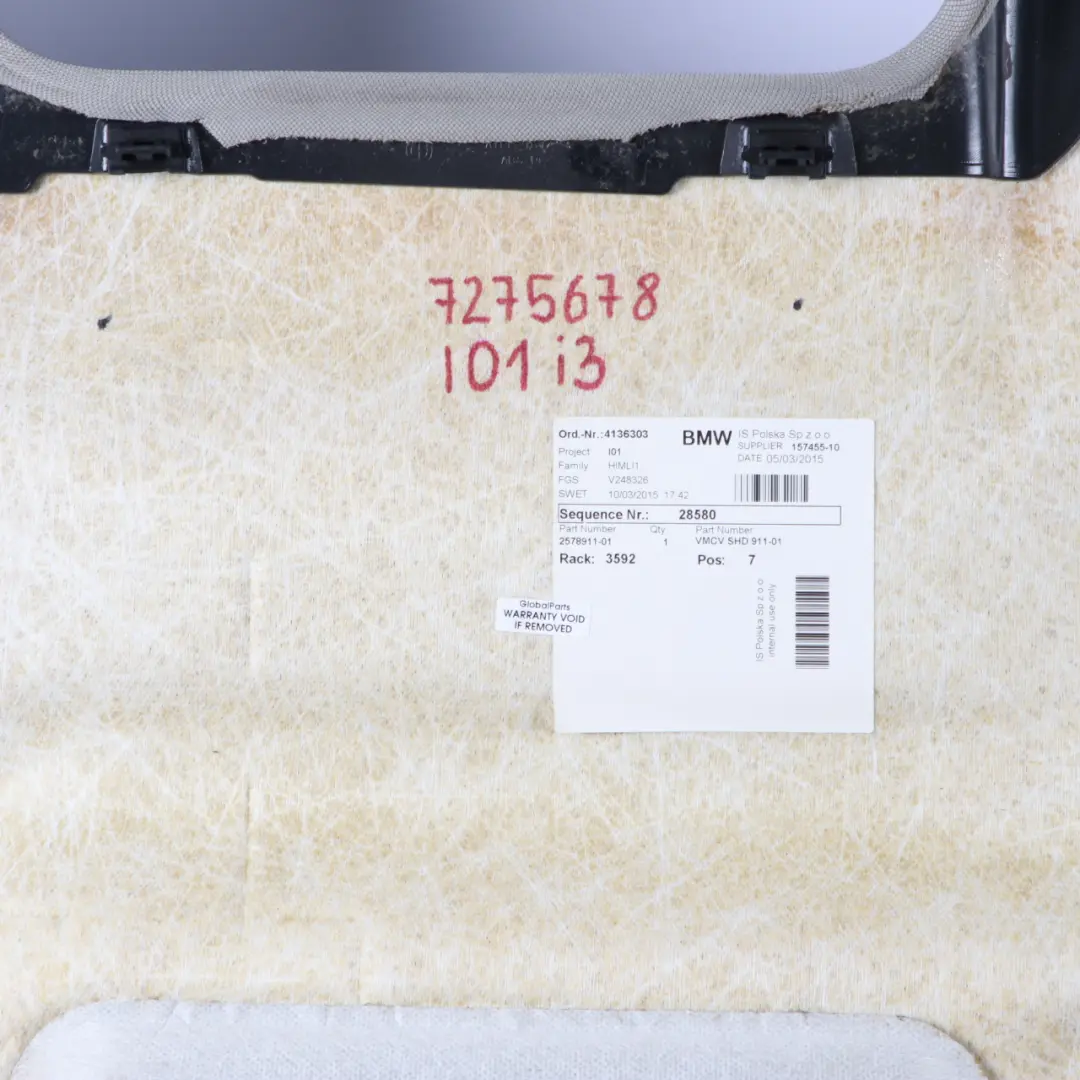 Headlining Grey BMW i3 I01 Moulded Roof Lining Trim Panel Cover Sunroof to with Part number 7275678 Headlining Grey BMW i3 I01 Moulded Roof Lining Trim Panel Cover Sunroof - SKU 7275678 - Part number 7275678