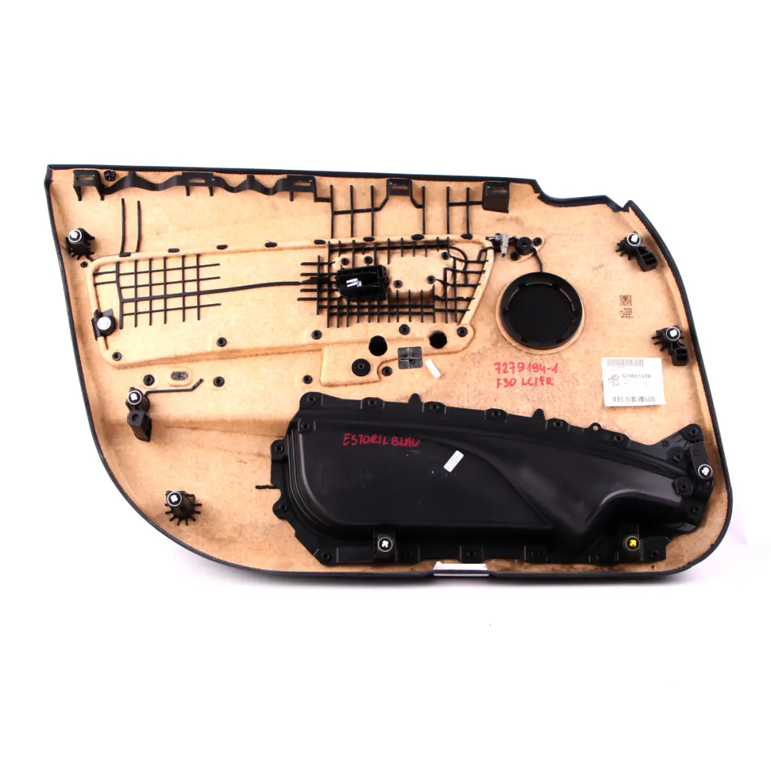 Panel Forro Puerta Delantera Derecha Cuero Negro Tira Azul para BMW 3 F30 F31 con número de pieza 7279194 BMW 3 F30 F31 Panel Forro Puerta Delantera Derecha Cuero Negro Tira Azul - SKU 7279194-1 - Número de pieza 7279194