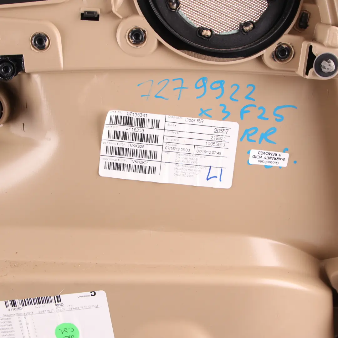 Scheda Porta BMW X3 F25 Posteriore Destra Fodera Copertura Pelle Nevada Beige - SKU 7279922 - Numero di parte 7279922