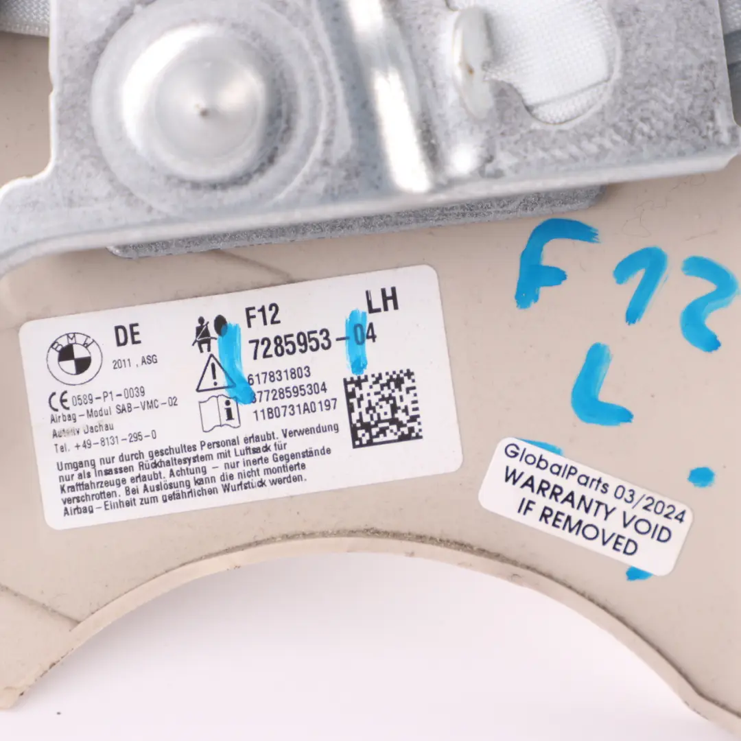 Airbag BMW F12 Front Seat Left N/S Side Airbag Panel Elfenbein Weiss to with Part number 7285953 Airbag BMW F12 Front Seat Left N/S Side Airbag Panel Elfenbein Weiss - SKU 7285953 - Part number 7285953