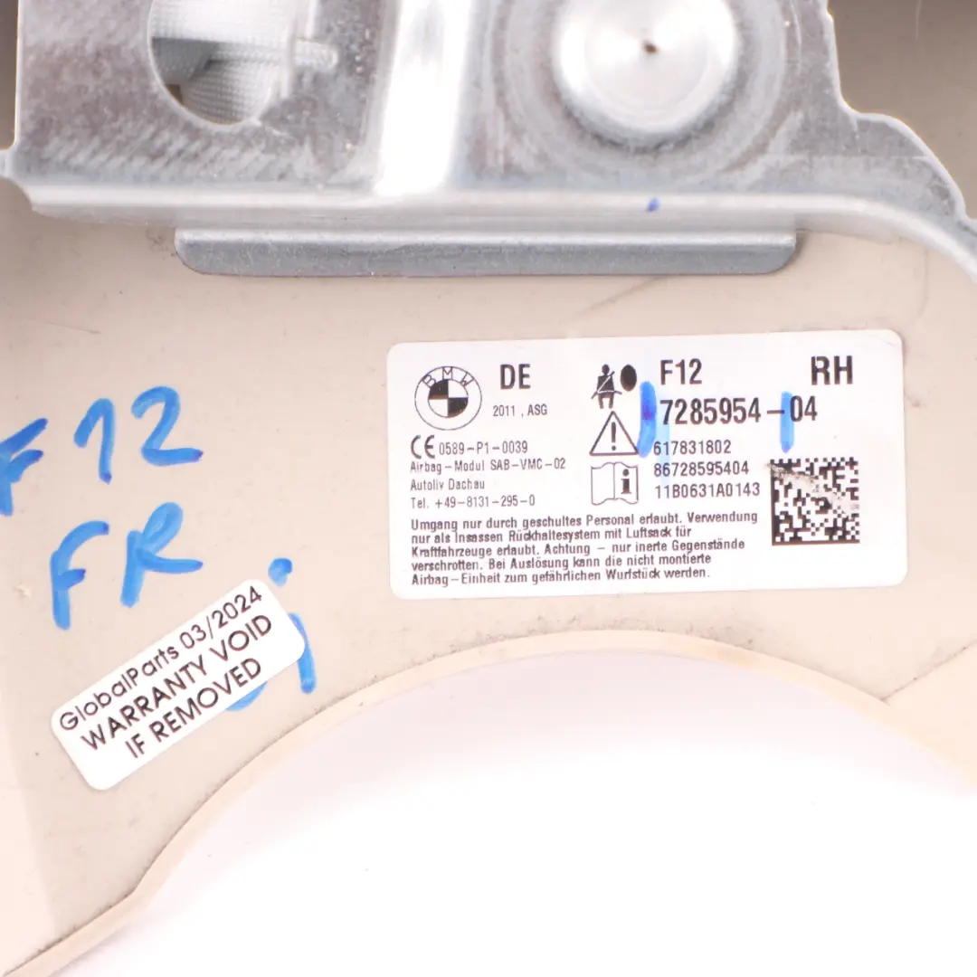  Airbag BMW F12 Front Seat Right O/S Side Airbag Panel Elfenbein Weiss - SKU 7285954 - Part number 7285954