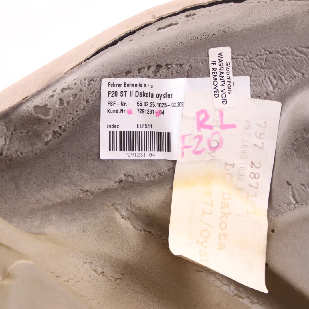 Finition de siège arrière gauche revêtement cuir Oyster pour BMW F20 F21 à propos du numéro de pièce 7291231 BMW F20 F21 Finition de siège arrière gauche revêtement cuir Oyster - SKU 7291231 - Numéro de pièce 7291231