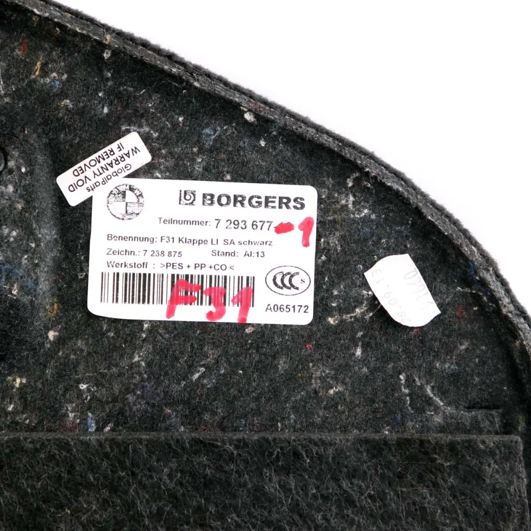Left N/S Trunk Trim Rear Carpet Flap Boot Panel Black to BMW 3 Series F31 1 with Part number 7293677 BMW 3 Series F31 1 Left N/S Trunk Trim Rear Carpet Flap Boot Panel Black - SKU 7293677-1 - Part number 7293677