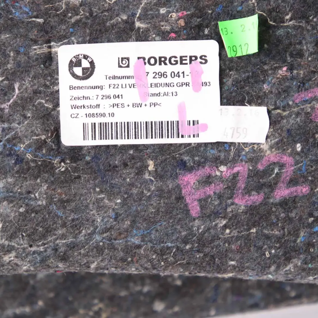 Trunk Lateral Panel Panel Carpet Boot Trim Panel Left N/S to BMW F22 with Part number 7296041 BMW F22 Trunk Lateral Panel Panel Carpet Boot Trim Panel Left N/S - SKU 7296041 - Part number 7296041