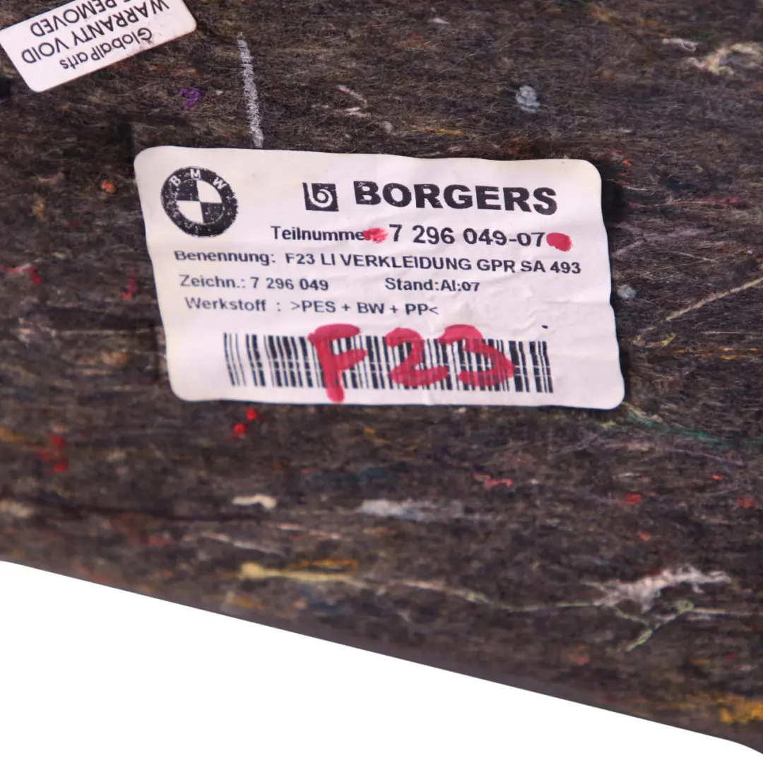 Boot Trunk Left N/S Lateral Panel Luggage Compartment to BMW 2 F23 Cabrio with Part number 7296049 BMW 2 F23 Cabrio Boot Trunk Left N/S Lateral Panel Luggage Compartment - SKU 7296049 - Part number 7296049