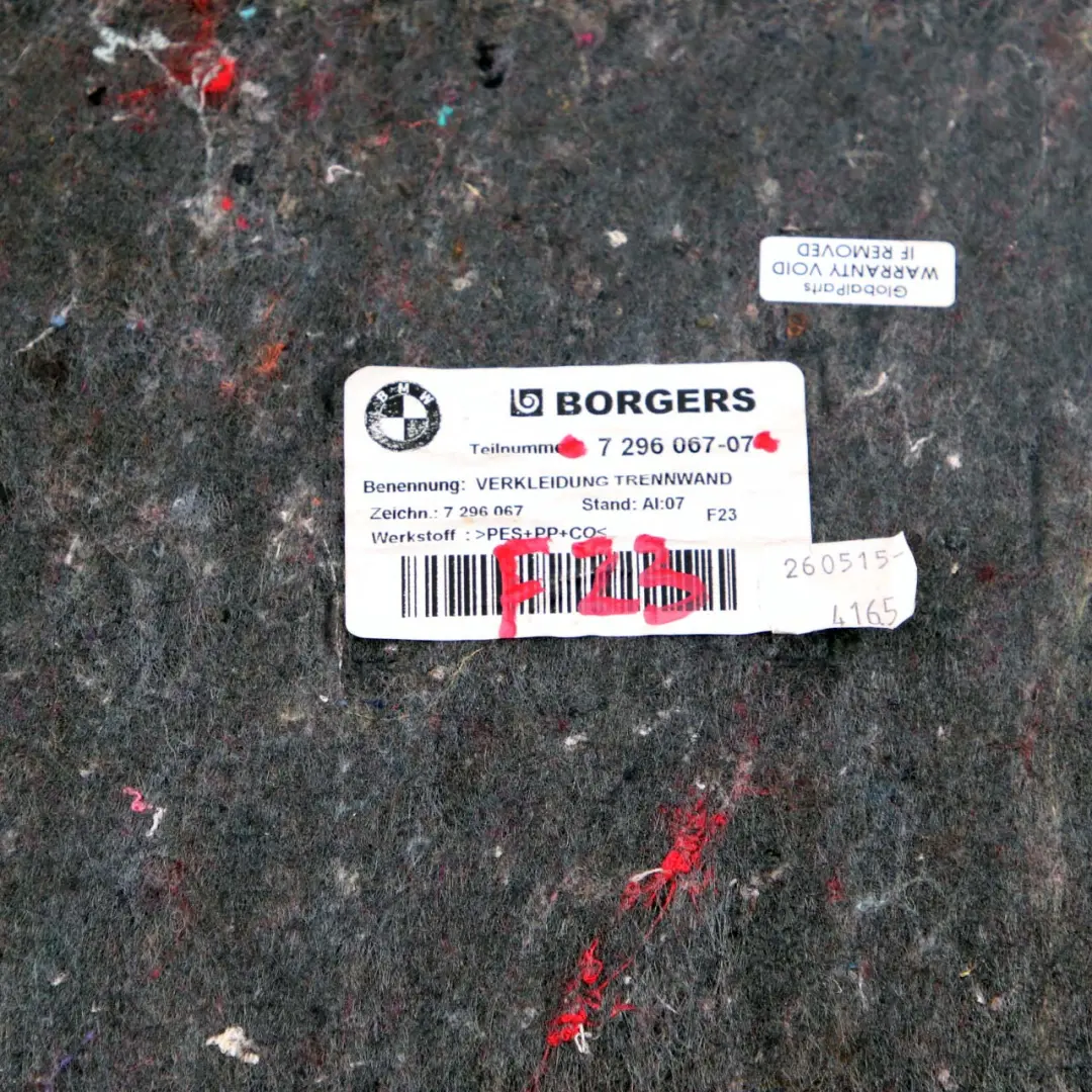 BMW F23 Boot Kofferraum Innen Verkleidung Panel Abdeckung Trennwand - SKU 7296067 - Teilenummer 7296067