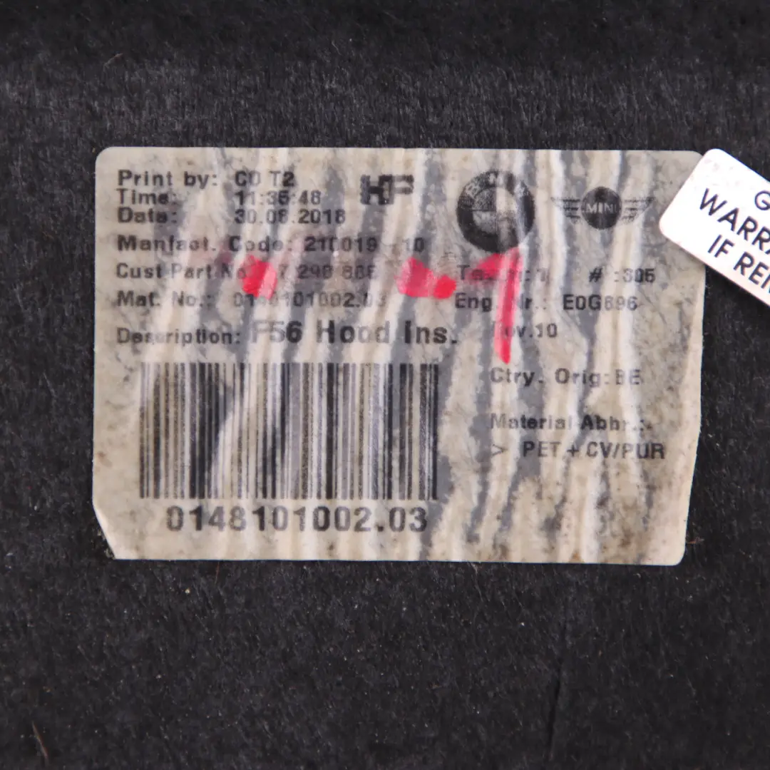 Motorhaube Motorhaube Schalldämmende Abdeckung für MINI Cooper F55 F56 F57 mit Teilenummer 7298865 MINI Cooper F55 F56 F57 Motorhaube Motorhaube Schalldämmende Abdeckung - SKU 7298865-1 - Teilenummer 7298865