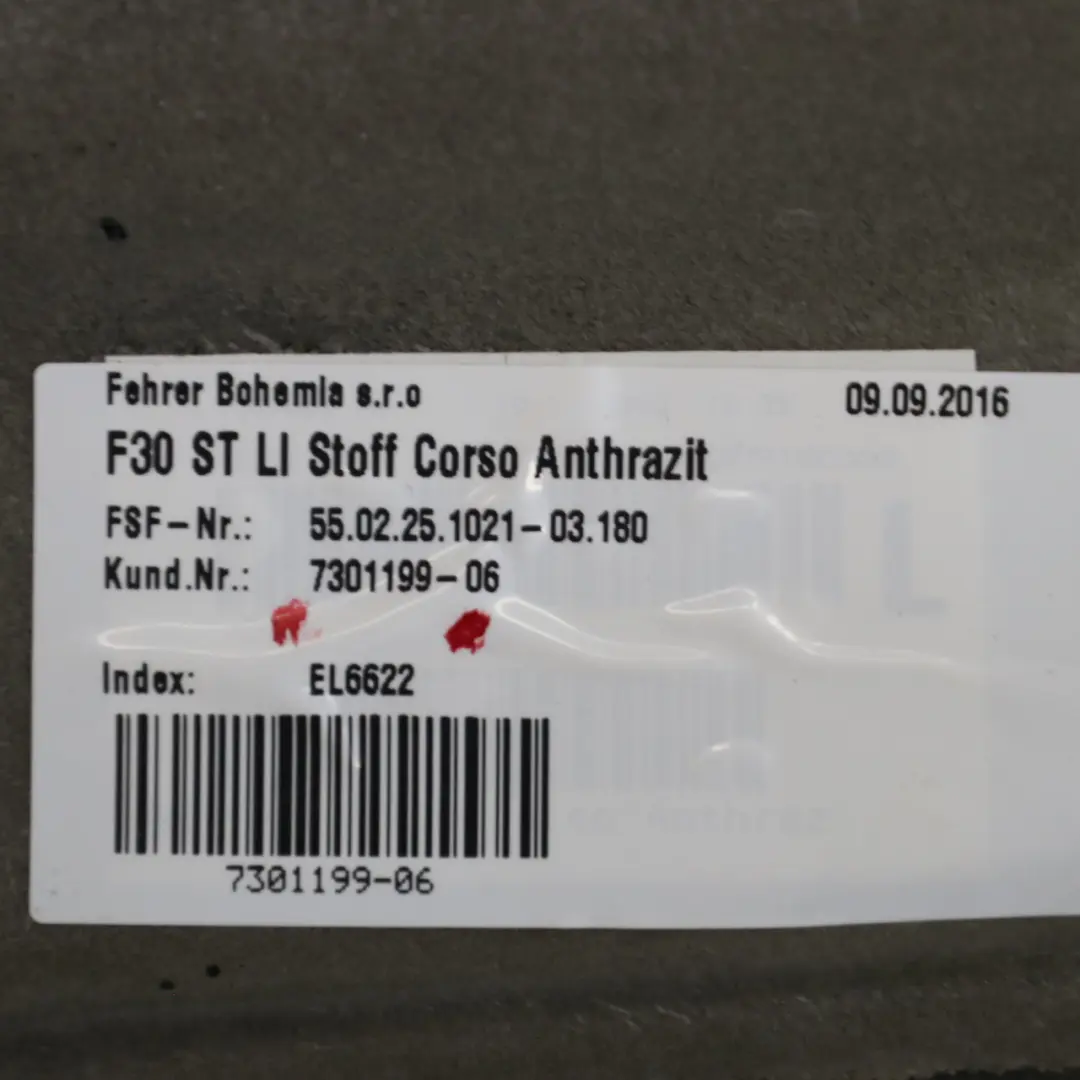 Bench Left N/S Lateral Panel Cloth Fabric Anthracite to BMW F30 Rear Seat with Part number 7301199 BMW F30 Rear Seat Bench Left N/S Lateral Panel Cloth Fabric Anthracite - SKU 7301199 - Part number 7301199