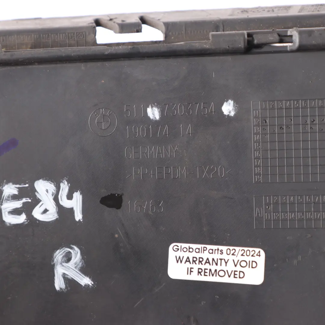Paragolpes Delantero Parte Inferior Rejilla Derecha Negro para BMW X1 E84 con número de pieza 7303754 BMW X1 E84 Paragolpes Delantero Parte Inferior Rejilla Derecha Negro - SKU 7303754 - Número de pieza 7303754