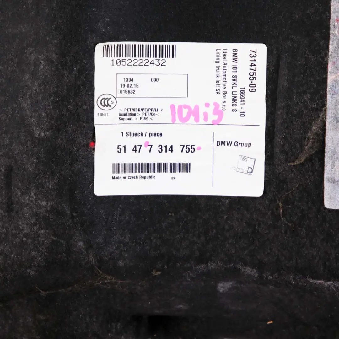 Maletero Embellecedor Panel Izquierdo Tapa Maletero Negro para BMW i3 I01 con número de pieza 7314755 BMW i3 I01 Maletero Embellecedor Panel Izquierdo Tapa Maletero Negro - SKU 7314755 - Número de pieza 7314755