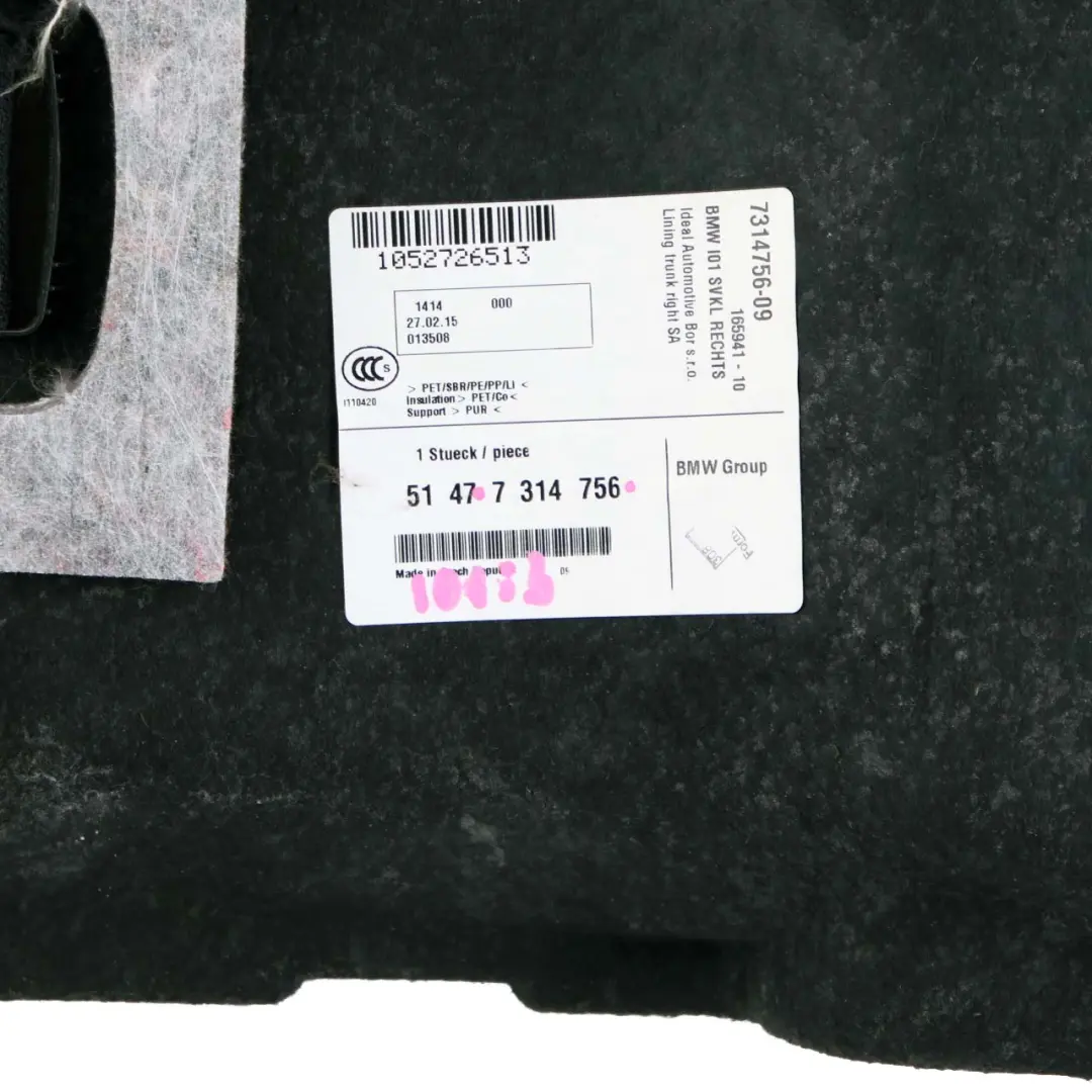 Tapicerka Boczek Bagażnika do BMW i3 I01 o numerze 7314756 BMW i3 I01 Tapicerka Boczek Bagażnika - SKU 7314756 - Numer Części 7314756