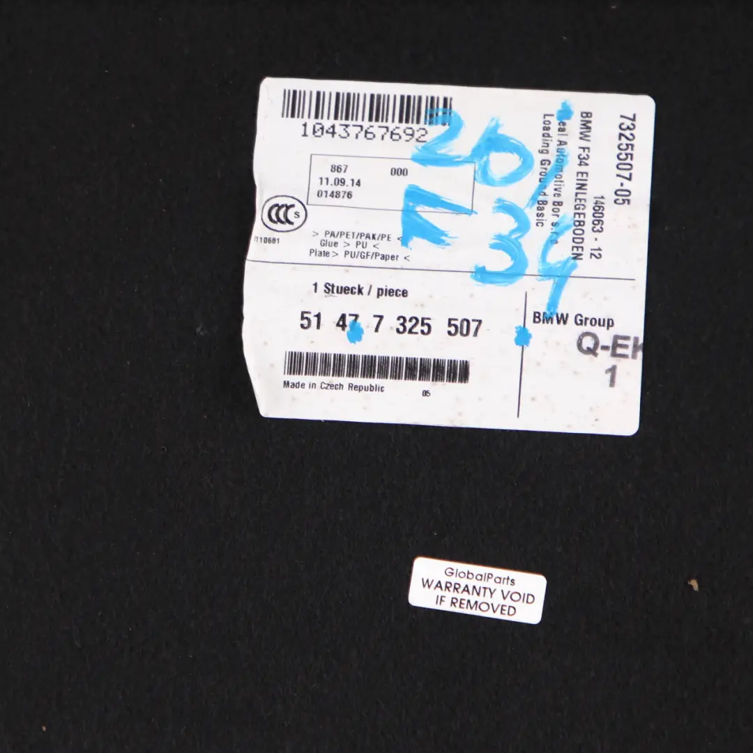 Baule coperchio del bagagliaio pannello pavimento moquette per BMW F34 GT con numero di parte 7325507 BMW F34 GT Baule coperchio del bagagliaio pannello pavimento moquette - SKU 7325507 - Numero di parte 7325507