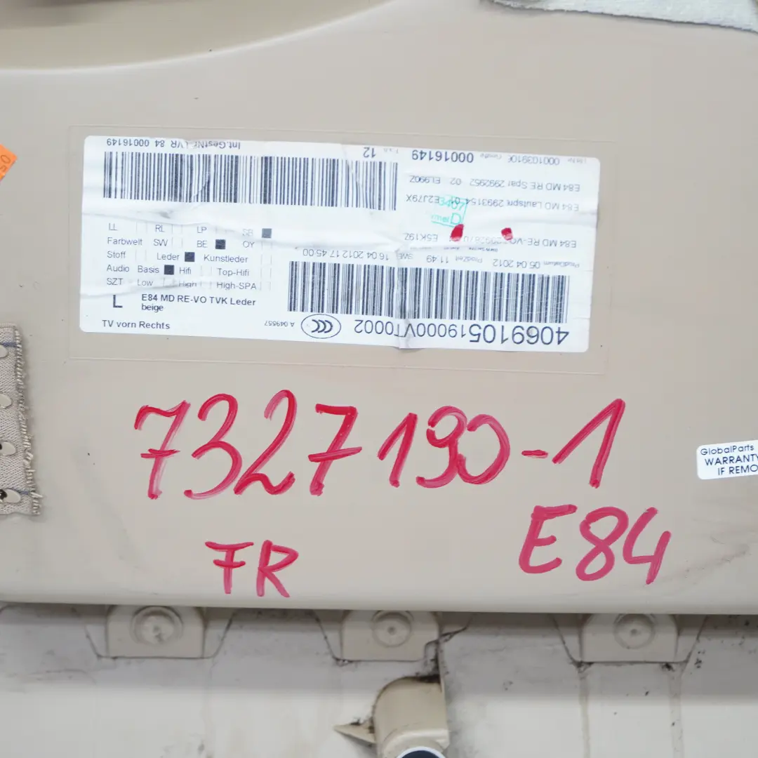 Boczek Drzwi Prawy Przedni Wykończenie Skóra Nevada Beżowa do BMW X1 E84 o numerze 7327190 BMW X1 E84 Boczek Drzwi Prawy Przedni Wykończenie Skóra Nevada Beżowa - SKU 7327190-1 - Numer Części 7327190