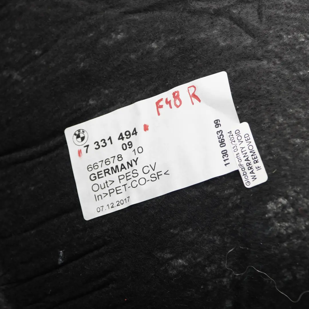 Pannello isolante per passaruota posteriore destro per BMW F48 con numero di parte 7331494 BMW F48 Pannello isolante per passaruota posteriore destro - SKU 7331494 - Numero di parte 7331494