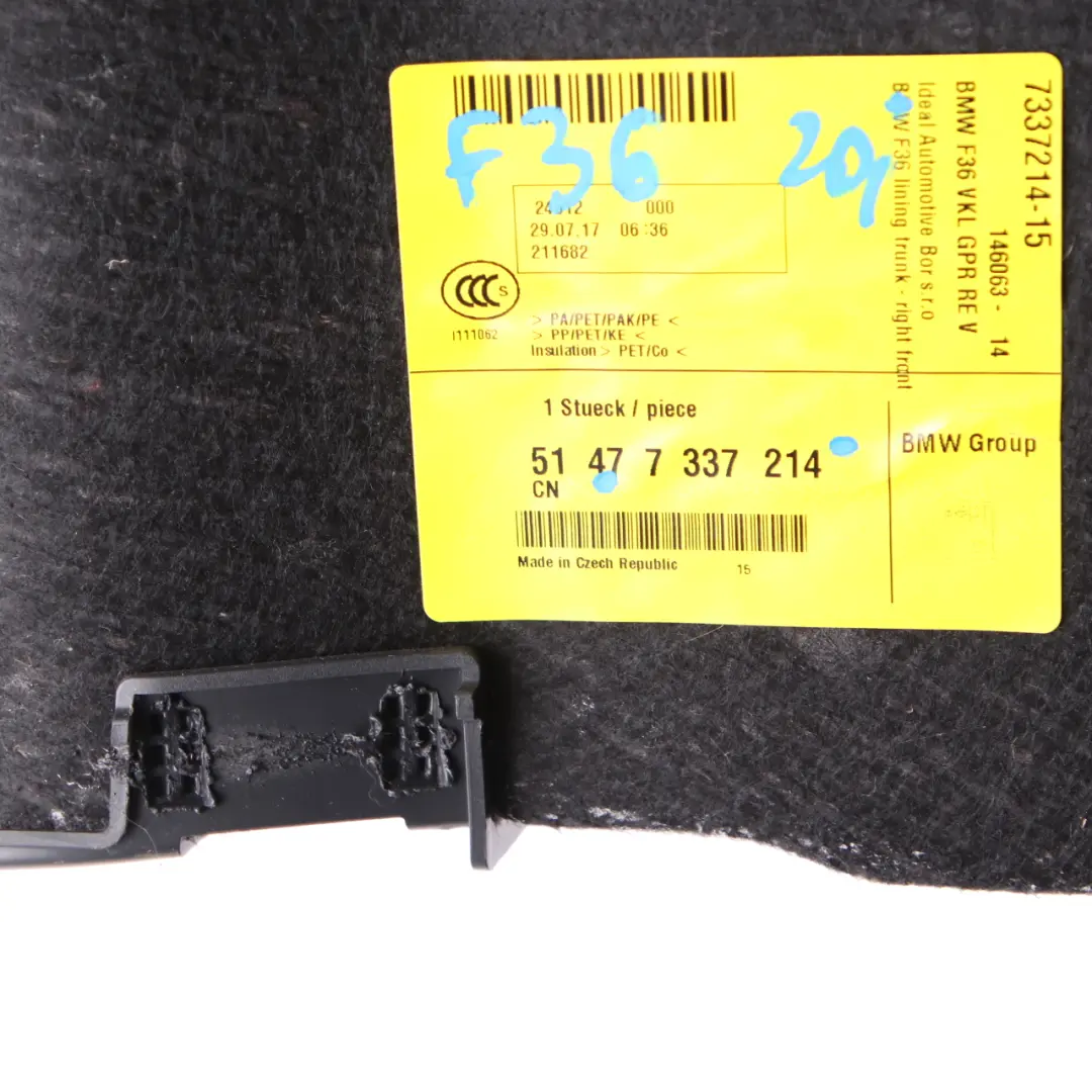Trim del bagagliaio BMW F36 Pannello di copertura laterale del bagagliaio destro per con numero di parte 7337214 Trim del bagagliaio BMW F36 Pannello di copertura laterale del bagagliaio destro - SKU 7337214 - Numero di parte 7337214
