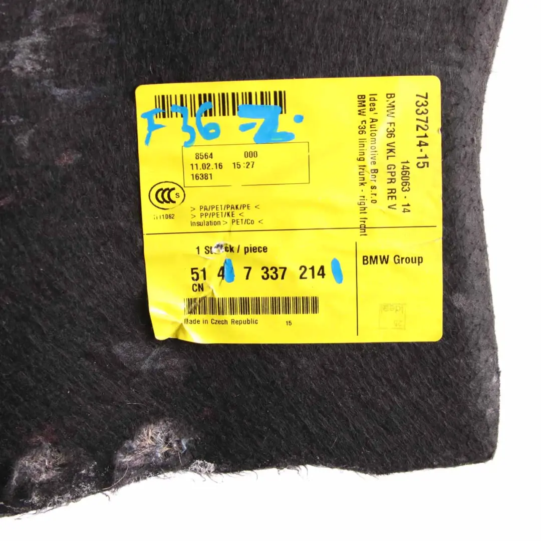 Trunk Trim BMW F36 Boot Side Cover Panel Right O/S Luggage Anthracite to with Part number 7337224 Trunk Trim BMW F36 Boot Side Cover Panel Right O/S Luggage Anthracite - SKU 7337224 - Part number 7337224