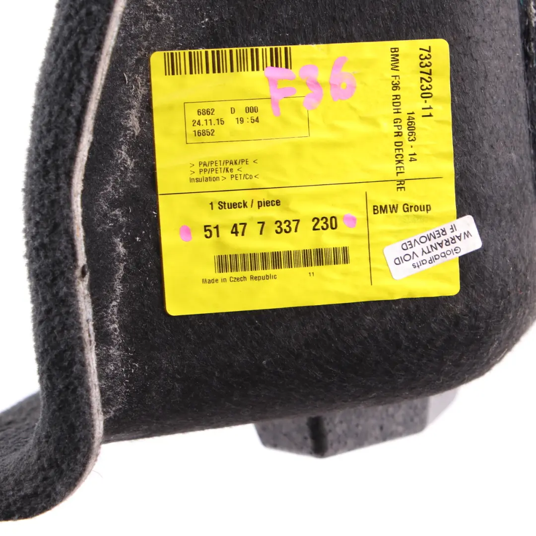 Tapicerka Boczek Bagażnika Prawy do BMW F36 o numerze 7337230 BMW F36 Tapicerka Boczek Bagażnika Prawy - SKU 7337230 - Numer Części 7337230