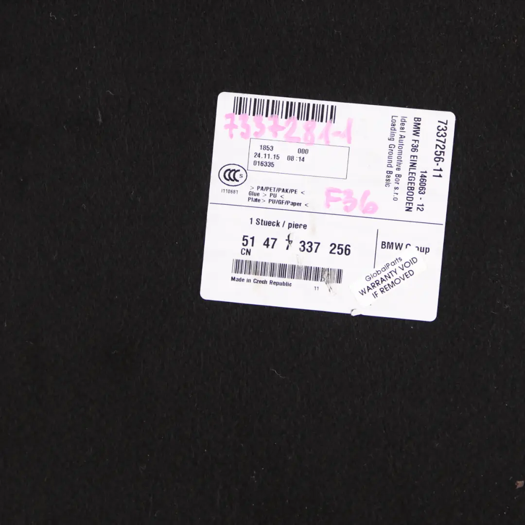 BMW F36 Boot Trunk Floor Touring Carpet Luggage Compartment Black - SKU 7337281-1 - Part number 7337281
