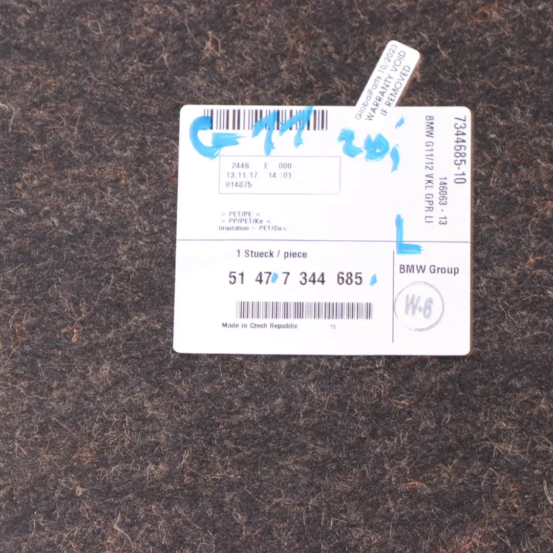 Boot Trunk Trim Side Panel Carpet Left N/S Luggage Area Cover to BMW G11 with Part number 7344685 BMW G11 Boot Trunk Trim Side Panel Carpet Left N/S Luggage Area Cover - SKU 7344685 - Part number 7344685