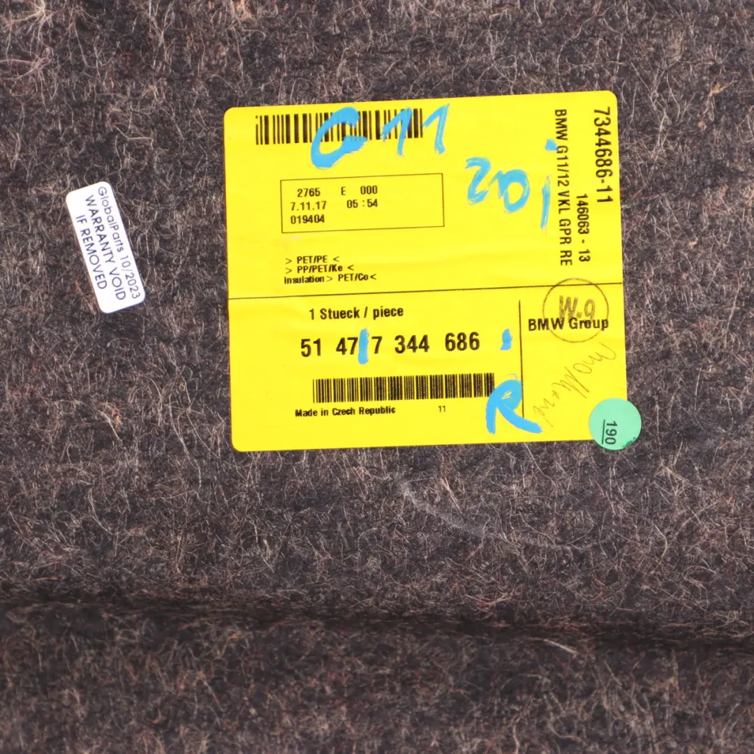 Boot Trunk Trim Side Panel Carpet Right O/S Luggage Area Cover to BMW G11 with Part number 7344686 BMW G11 Boot Trunk Trim Side Panel Carpet Right O/S Luggage Area Cover - SKU 7344686 - Part number 7344686