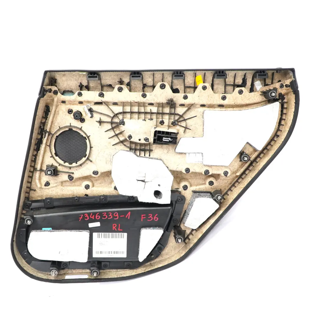Embellecedor Tarjeta Puerta Trasera Izquierda Forro Cuero Negro para BMW F36 con número de pieza 7346339 BMW F36 Embellecedor Tarjeta Puerta Trasera Izquierda Forro Cuero Negro - SKU 7346339-1 - Número de pieza 7346339