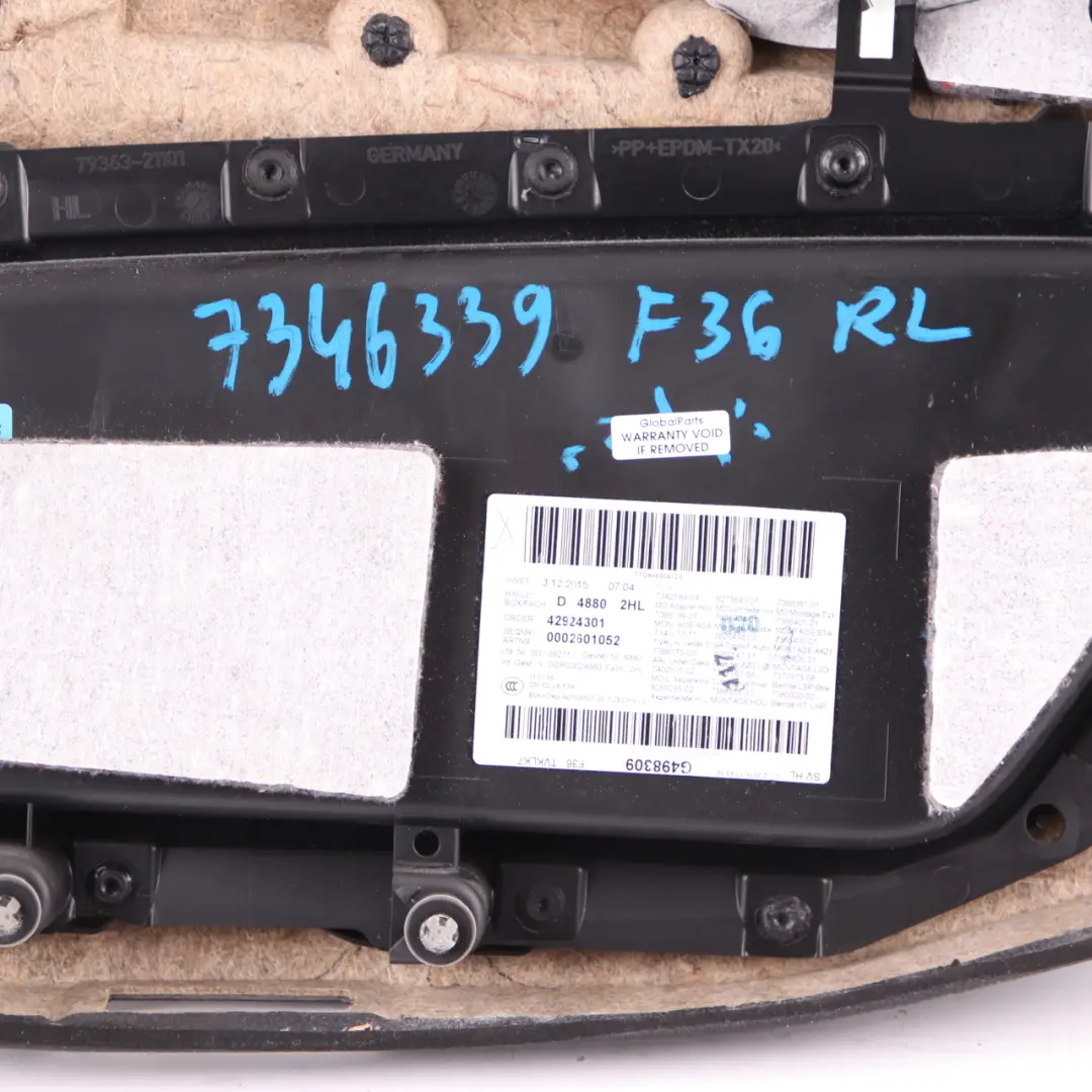 Door Card Trim Rear Left N/S Panelling Lining Leather Black Blue Strip to BMW F36 with Part number 7346339 BMW F36 Door Card Trim Rear Left N/S Panelling Lining Leather Black Blue Strip - SKU 7346339 - Part number 7346339