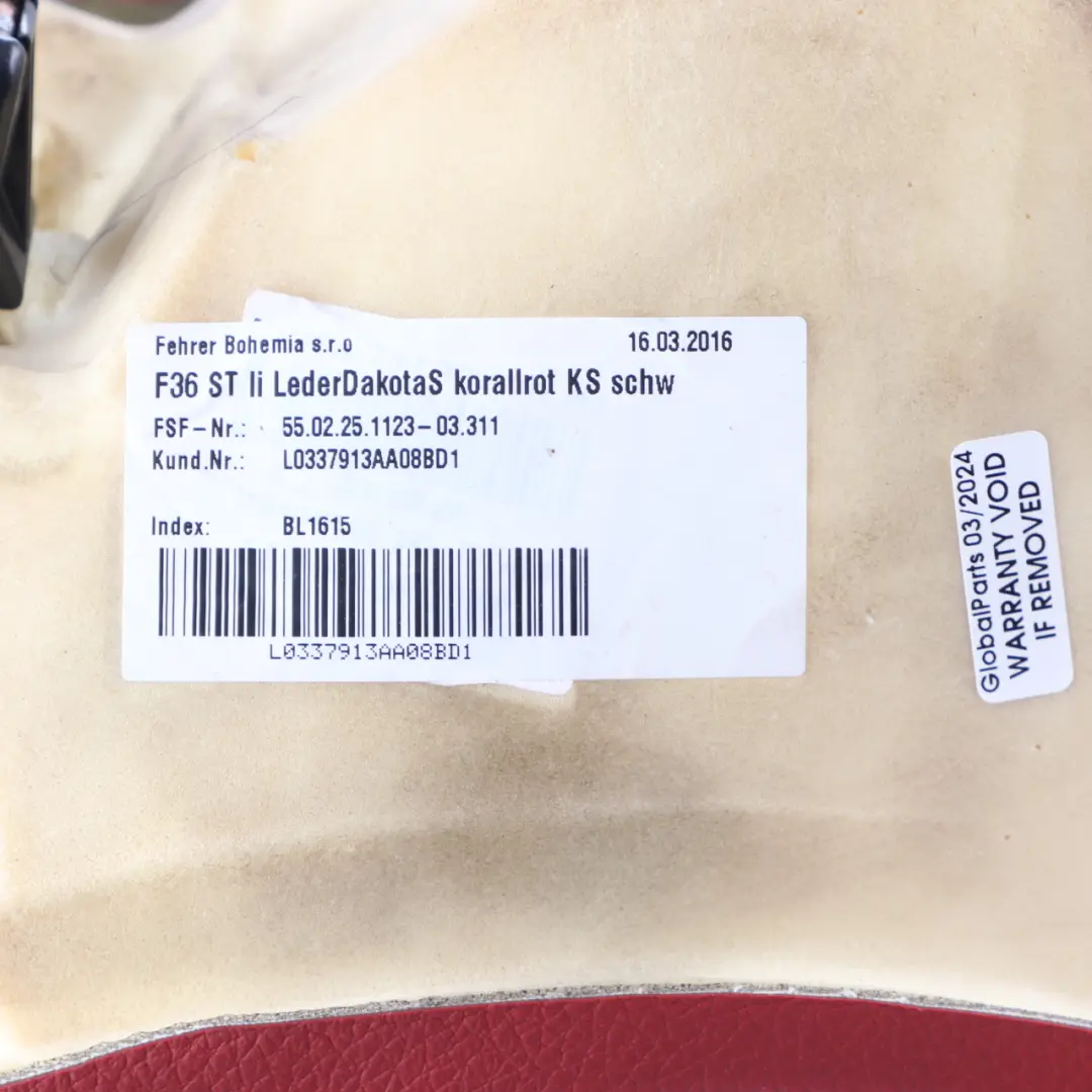 Backrest Left N/S Lateral Panel Leather Dakota Korall Rot Red to BMW F36 Rear Seat with Part number 7347527 BMW F36 Rear Seat Backrest Left N/S Lateral Panel Leather Dakota Korall Rot Red - SKU 7347527 - Part number 7347527