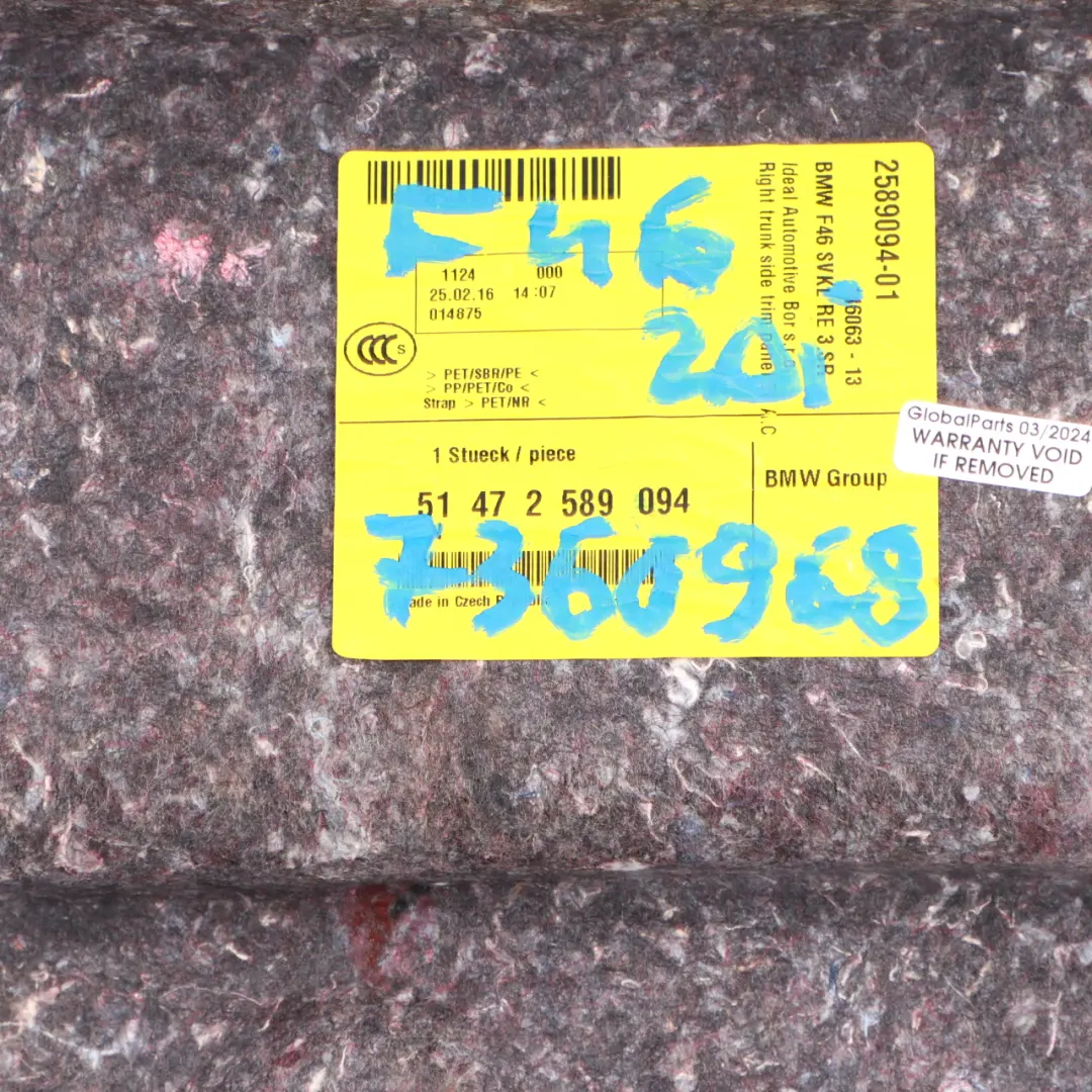 Boczek Tapicerka Bagażnika Tył Prawy 2589094 do BMW F46 o numerze 7360968 BMW F46 Boczek Tapicerka Bagażnika Tył Prawy 2589094 - SKU 7360968 - Numer Części 7360968