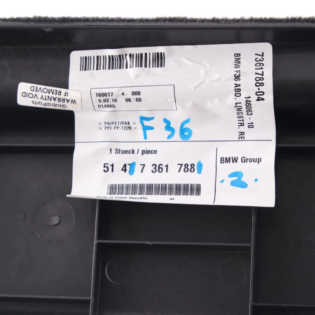 Rivestimento bagagliaio BMW F36 Lato Pannello copertura inferiore destro per con numero di parte 7361788 Rivestimento bagagliaio BMW F36 Lato Pannello copertura inferiore destro - SKU 7361788 - Numero di parte 7361788