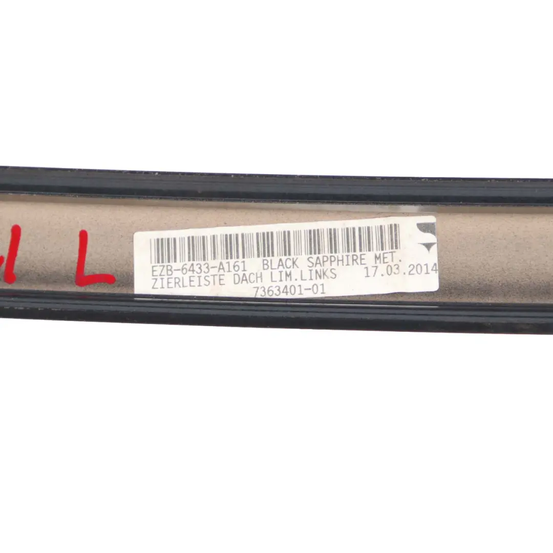 Left N/S Roof Moulding Gutter Rail Trim Black Sapphire - 475 to BMW 5 F10 LCI with Part number 7362459 BMW 5 F10 LCI Left N/S Roof Moulding Gutter Rail Trim Black Sapphire - 475 - SKU 7362459-BS - Part number 7362459