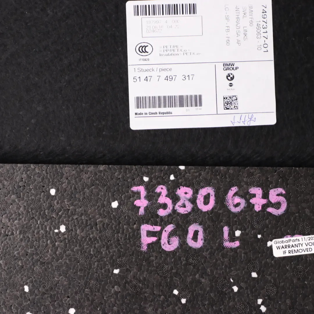 Trunk Trim Cover Panel Rear Lateral Luggage Left N/S 7497317 to Mini Countryman F60 with Part number 7380675 Mini Countryman F60 Trunk Trim Cover Panel Rear Lateral Luggage Left N/S 7497317 - SKU 7380675 - Part number 7380675