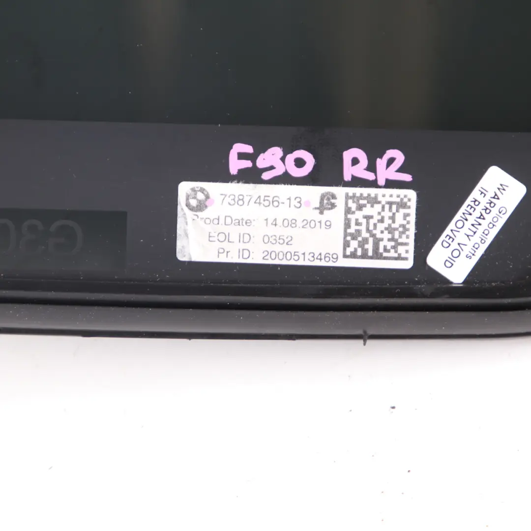 Side Window Rear Right Door O/S Glass Fixed Green AS3 Black SSG to BMW G30 with Part number 7387456 BMW G30 Side Window Rear Right Door O/S Glass Fixed Green AS3 Black SSG - SKU 7387456 - Part number 7387456