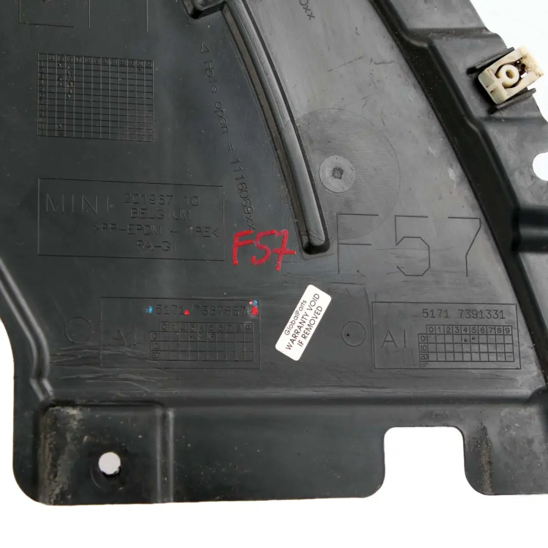 Front Wheel Arch Cover Left N/S Lower Panel Splash Shield to Mini F57 with Part number 7387857 Mini F57 Front Wheel Arch Cover Left N/S Lower Panel Splash Shield - SKU 7387857 - Part number 7387857