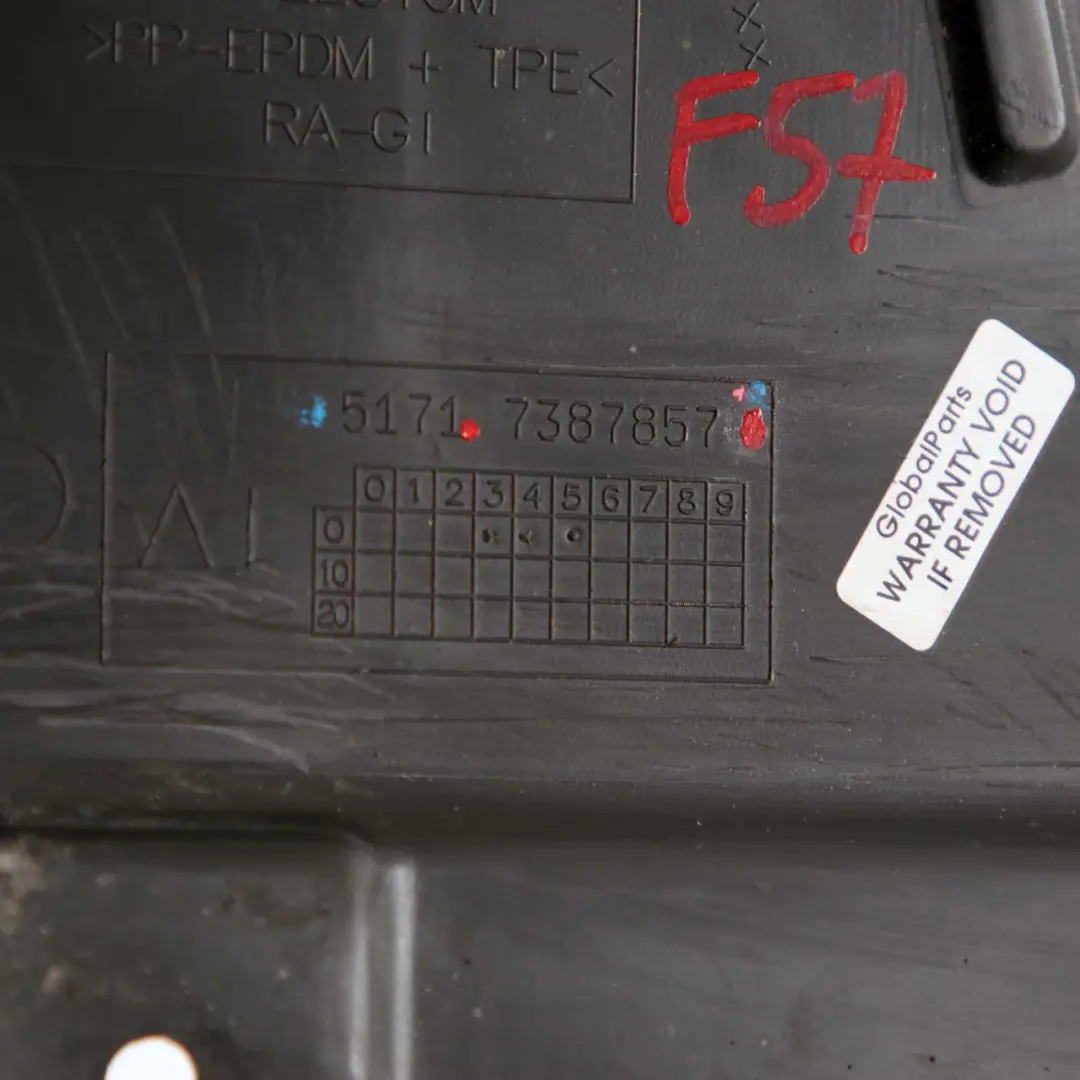 Front Wheel Arch Cover Left N/S Lower Panel Splash Shield to Mini F57 with Part number 7387857 Mini F57 Front Wheel Arch Cover Left N/S Lower Panel Splash Shield - SKU 7387857 - Part number 7387857