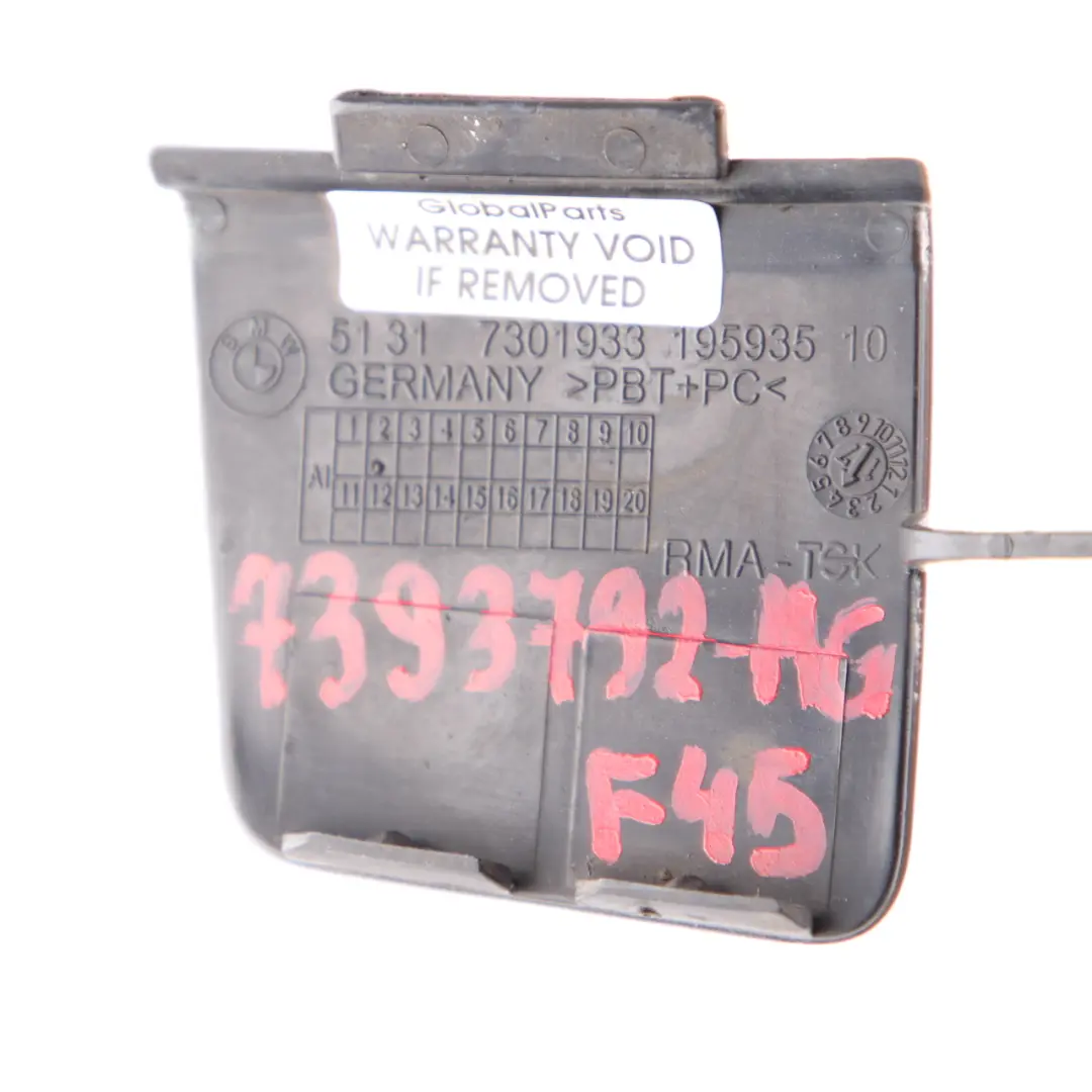 Bumper Flap BMW F45 Cover Towing Eye Mineralgrau Grey Metallic B39 7301933 to Rear with Part number 7393792 Rear Bumper Flap BMW F45 Cover Towing Eye Mineralgrau Grey Metallic B39 7301933 - SKU 7393792-MG - Part number 7393792