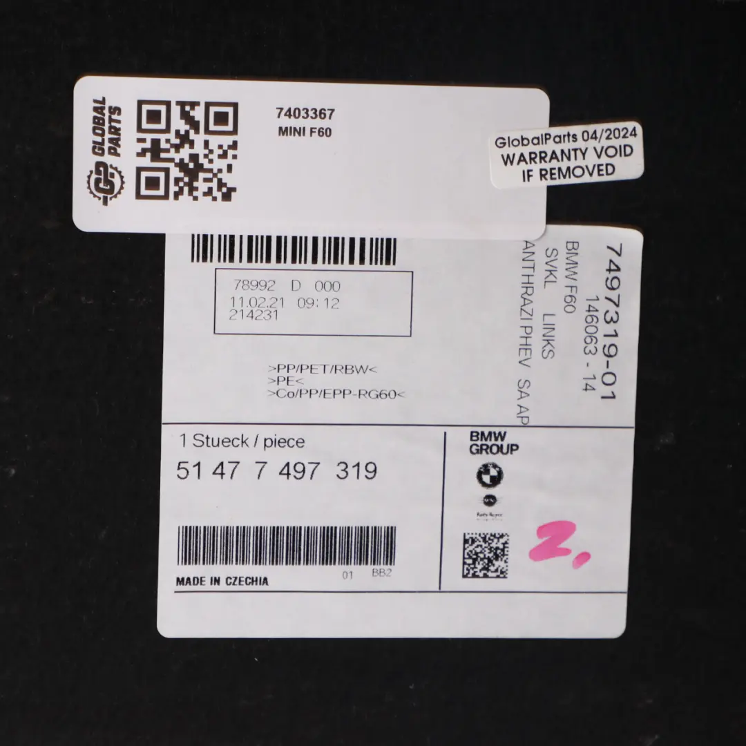 Trunk Trim Cover Panel Rear Lateral Luggage Left N/S 7497319 to Mini F60 SE ALL4 with Part number 7403367 Mini F60 SE ALL4 Trunk Trim Cover Panel Rear Lateral Luggage Left N/S 7497319 - SKU 7403367 - Part number 7403367